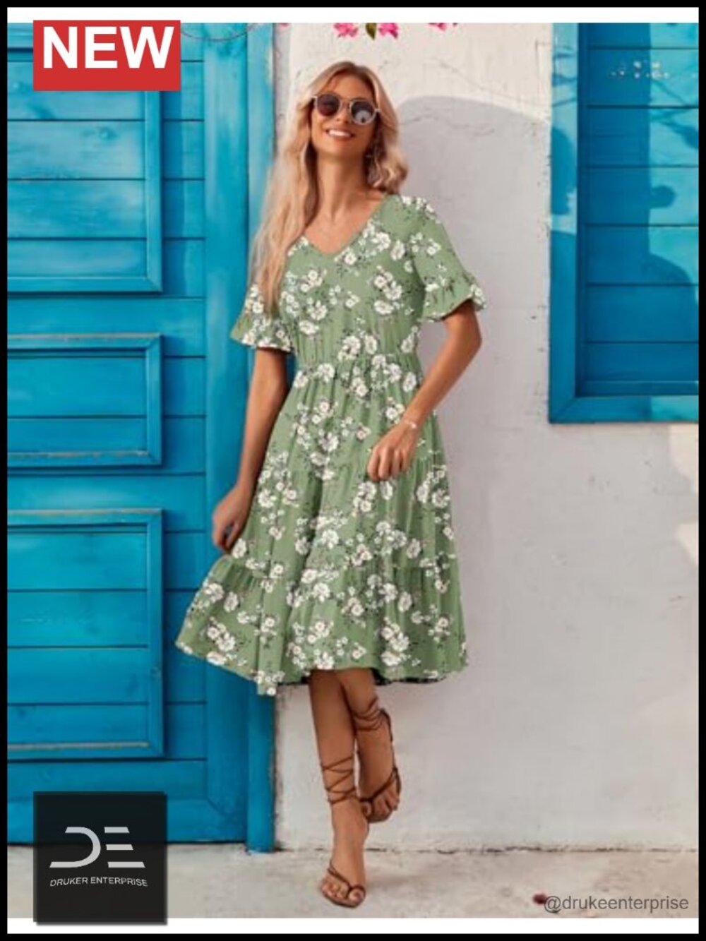 Women's Midi Casual Tiered Ruffle Short Sleeve Flowy Beach Dress with Pockets - Picture 4 of 6